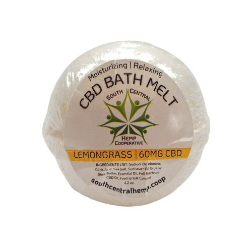 Lemongrass Balth melt, also know as a bath bomb. Spherical bath salts melt wrapped in plastic for freshness.
